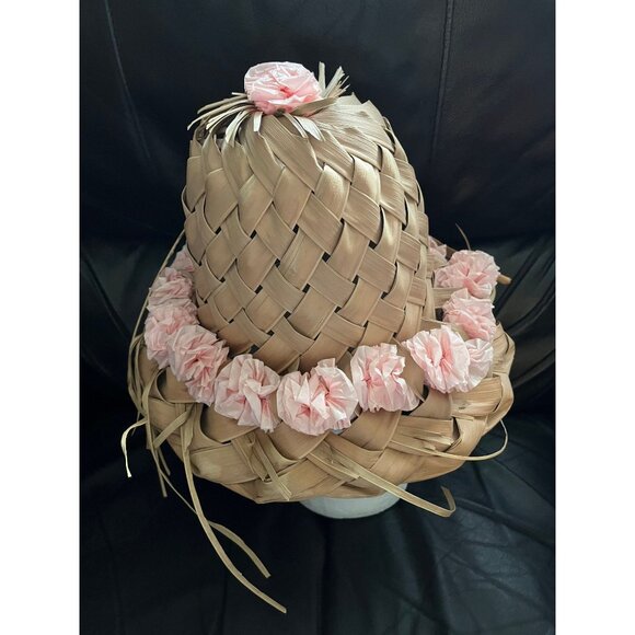 Vtg 1967 Hat Women’s Pink Hawaiian Handmade Palm Frond Woven 7″ x 10 1/2″ - Picture 1 of 6